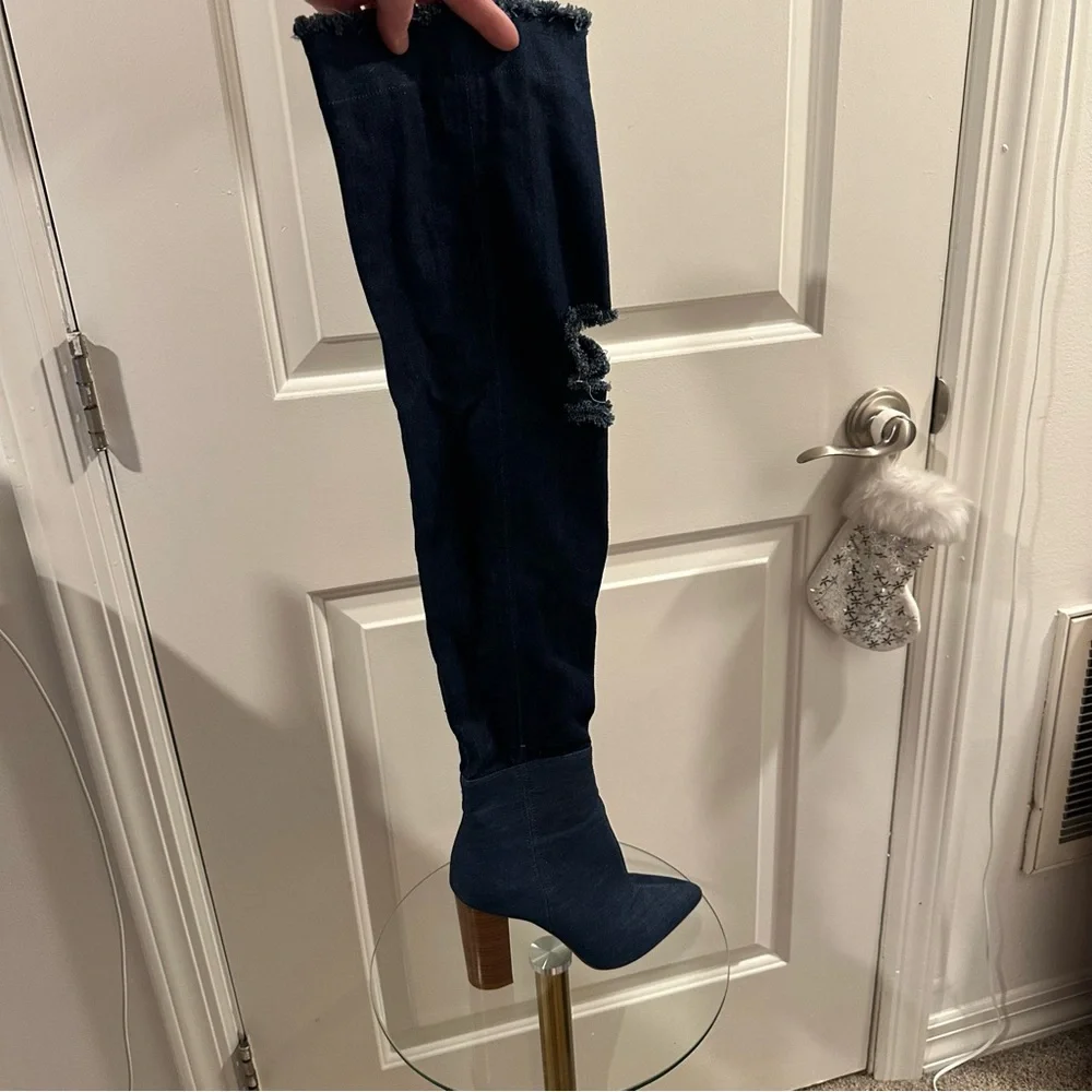Over The Knee Boots 9 Pointed Toe Distressed Denim Tall Heels Y2K Block Heel